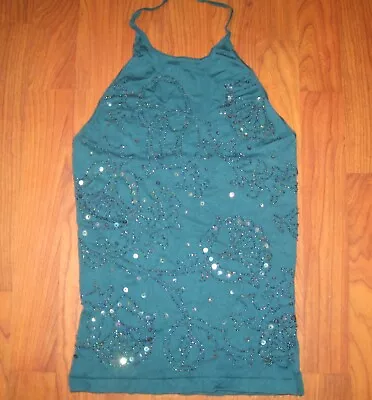 VINTAGE Y2K TEMPESTA GRUPPO AMERICANO Beaded Silk Teal Halter Top S Festival • $42.99