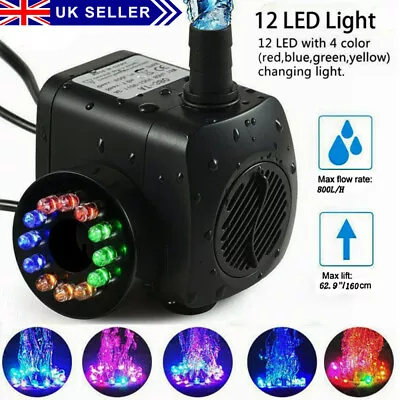 12 LED Electric Water Feature Pump Fountain For Outdoor Garden Fish Pond 800L/H • £11.88