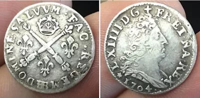 1704 FRANCE King LOUIS XIV FLEUR DE LIS Silver French 1/16 Ecu Coin #228 • £550