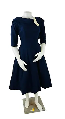 VTG 1940s Felted Wool Knit Wartime A Line Midi Dress USA Navy Blue Womens Small • £216.51