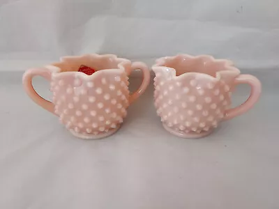 Fenton Pink Hobnail Sugar And Creamer Original Sticker Milk Glass • $42.22