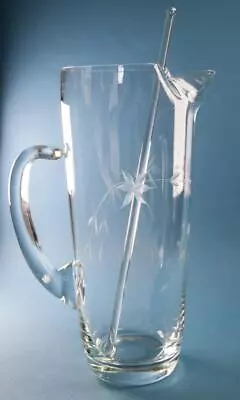 Mountaineer Glass 9  Martini Pitcher W Stirring Rod Etched Flowers Vines • $20