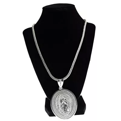 Virgin Mary Iced CZ  Virgen De Guadalupe Silver Tone Franco Chain Necklace 36  • $29.95