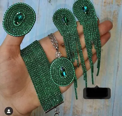 Green Wedding Jewelry Set Handmade Rhinestone Waterfall Earrings Sets Ring • $40