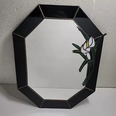 Vintage Octagon Stained Glass Black Framed W/ Floral Edge Mirror 17.5” X  13.5  • $47.89