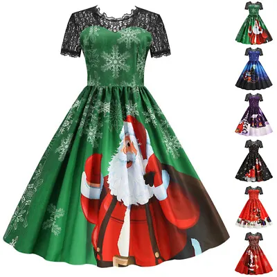$28.02 • Buy Womens Christmas Long Sleeve Swing Dress Evening Party Ball Gown Xmas Midi Dress