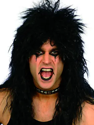 Kiss Black Rocker Wig Alice Cooper 80s Heavy Metal Simmons Fancy Dress • £10.99