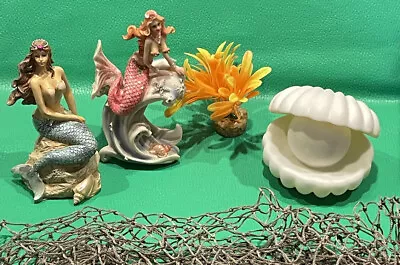 Mermaid Figurine Resin Sculpture Pearl Night Light Net Beach Ocean Decor • £18.99