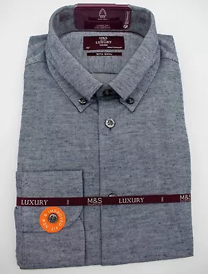 M&S Luxury Grey With Wool Tailored Fit Shirt 15  Collar RRP £45 • £21.99