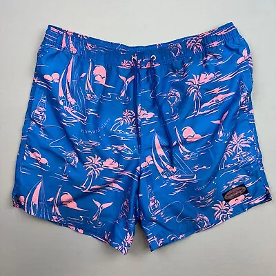 Vineyard Vines Swim Trunks Adult Mens Large Lined Logo Whales Boats Blue • $16.95