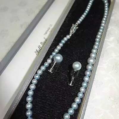 Childs Vintage Silver Takenaga Japan Blue Shell Pearl Necklace Earrings In Box • $57.07