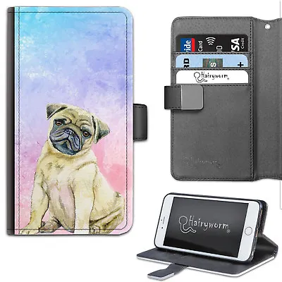 Pug Phone Case Watercolour Puppy Dog Deluxe PU Leather Wallet Flip Phone Cover • £14.99
