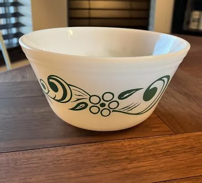 Vintage Federal 9  Milk Glass Mixing Bowl White Teal Turquoise Swirl Flower  • $26.99