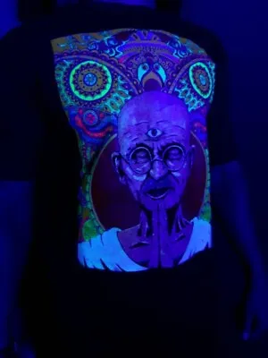 UV Ghandi T-shirt Mandala Black Brand New 100% Cotton Blacklight Psychedelic  • £12