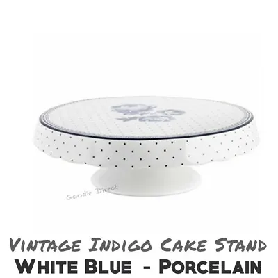 Katie Alice White Porcelain Cake Stand Vintage Indigo Cake Pedestal Blue Motif  • £18.95