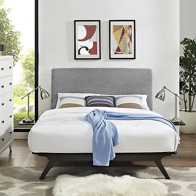 Mid-Century 3PC Cappuccino Gray Queen Platform Bed And Side Table Bedroom Set • $913.96