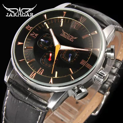 Jaragar Automatic 6 Hand Stainless Steel Leather Strap Sports Watch • £32.94