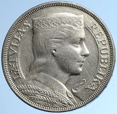 1929 LATVIA W Female Headwear 5 Lati LARGE Vintage Silver European Coin I109600 • $398.80