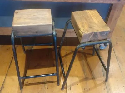 Pair Vintage School/Lab Stools Industrial Wooden Seat Reclaimed Joist Top BAR • £105