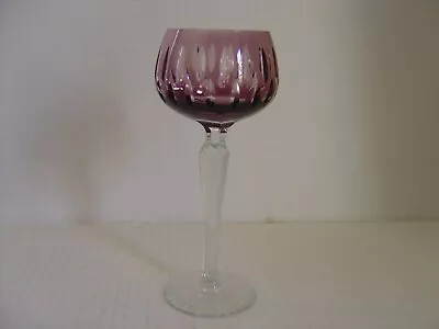 Vintage Bohemian Czech Cut To Clear Amethyst Wine Glass Elongated Cuts 7-5/8   • $9.99