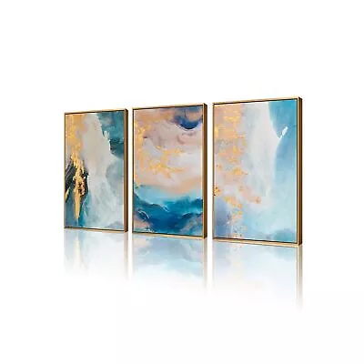 ARTLAND Teal Abstract Wall Art 3 Pieces With Turquoise Gold Marble Framed Art... • $143.21