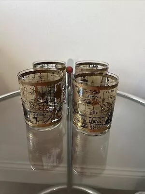 MCM Cera Old World Atlas Map 22 Kt Gold Vintage Barware Rocks Glass 4 Pc Set • $74.99