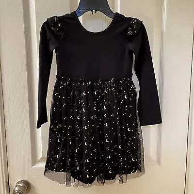 Hanna Andersson Long Sleeve Black Tulle Gold Moons Stars Dress Girls 110 US 5 • $24.99