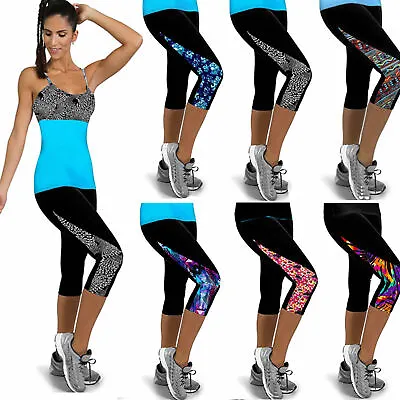 Womens Fitness 3/4 Capri Leggings Pants Gym Workout Cropped Trousers Sports Yoga • £11.39