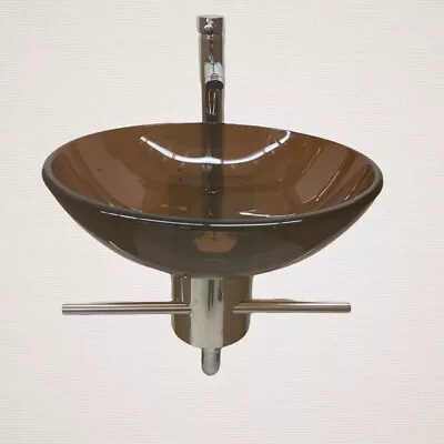 Modern Floating Small Bathroom Vanity Tempered Glass Brown Vessel Sink Pedestal • $319