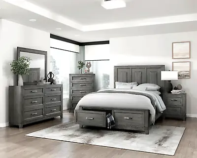 Rustic 4 Pc Grey Queen Footboard Storage Bed Ns Dresser Bedroom Furniture Set • $1699