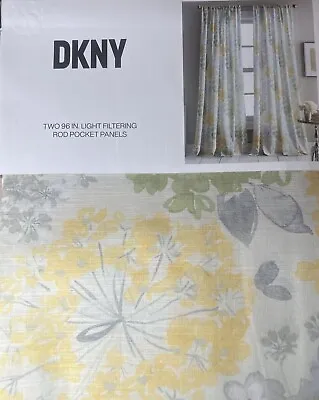 DKNY 50x96 Floral 2 Panel Curtains Rod Pocket Cotton Yellow Green Gray Flowers • $44.99