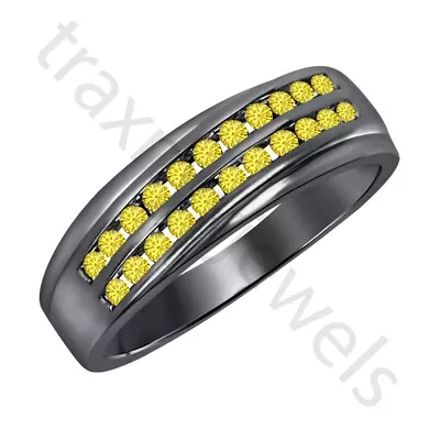 0.90 Ct Lab Created Yellow Sapphire 14K Black Gold Over Two Rows Men's Band Ring • $97.44
