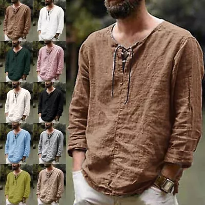 Men Shirts Long Sleeve Tops Plain V Neck Mens Tunic Tee Holiday Loose Lace Up • $15.57