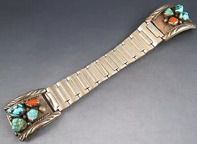 Vintage M. Thomas Navajo Sterling Silver Turquoise Coral  Watch Band 17mm  18mm • $195