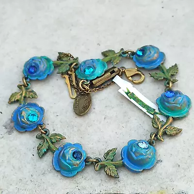 Michal Negrin Bracelet Blue Roses Leaves Enamel With Swarovski Crystals Gift Box • $103.20