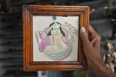 Vintage Unique Wooden Framed God Krishna Picture Embossed Fine Ceramic Tile • $77.14