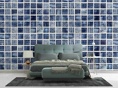 3D Blue Tile Mosaic Wallpaper Wall Mural Self-adhesive Removable 352 • $225.25