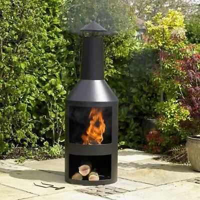 Large Chimenea Steel Garden Log Burner Built In Log Store Outdoor Wood Heater • £79.99