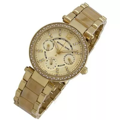 New Michael Kors MK5842 Parker Gold Dial Horn Chronograph Quartz Watch Women • $123.28