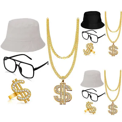 80s 90s Hip Hop Costume Rapper Bucket Hats Eyeglasses Necklace Ring Accessories • £8.03