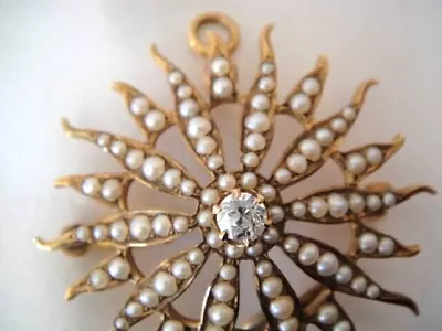 Antique Victorian 14KT Gold Seed Pearl Diamond Starburst Brooch Or Pendant • $489