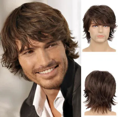 Quality Sleek Men Wig Natural Fluffy Outwardly Curly Dark Brown Hair Wig Cosplay • £7.12