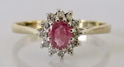 Gold Diamond Ring - Vintage 9ct Gold Ruby Diamond Oval Cluster Ring Size N • £195