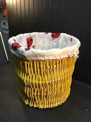 Vtg. Wicker Rattan Yellow Laundry Basket Cloth Lined Lady Bug 1970s 12in X 13in • $80.99