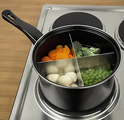 4-Way Divided Saucepan With Lid Black Carbon Steel Kitchen Cookware Pan 20cm • £19.95