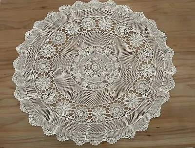 Vintage Crochet Tablecloth Topper Lace Flower Pattern Oval 95x87cm Cream / Beige • $22