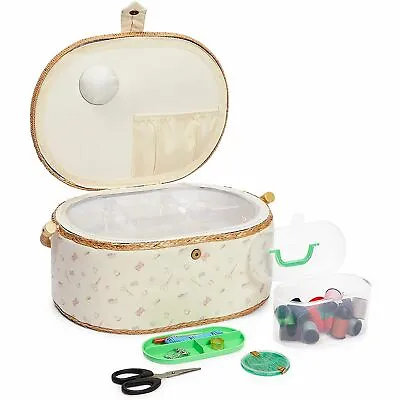 $27.35 • Buy Vintage Sewing Basket Organizer Box Kit With Hand Sewing Supplies, Oval Shaped