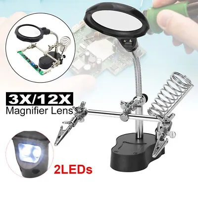 3X/12X Magnifying Magnifier Glass With Light On Stand Clamp Arm Hands Free G0K3 • $12.21