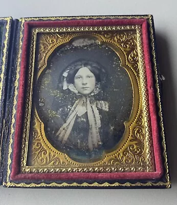 1/9 Plate Daguerreotypeof Beautiful Young Woman With Bonnet And Ribbons • $150