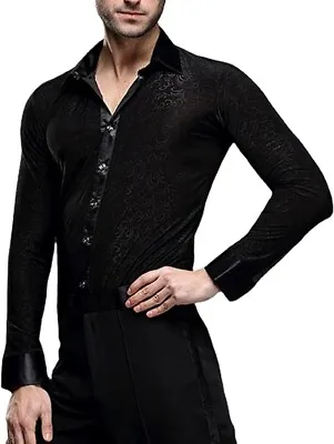 Zymozym Mens Long Sleeve Lapel Ballroom Dance Shirt In Black Size Large • £29.99